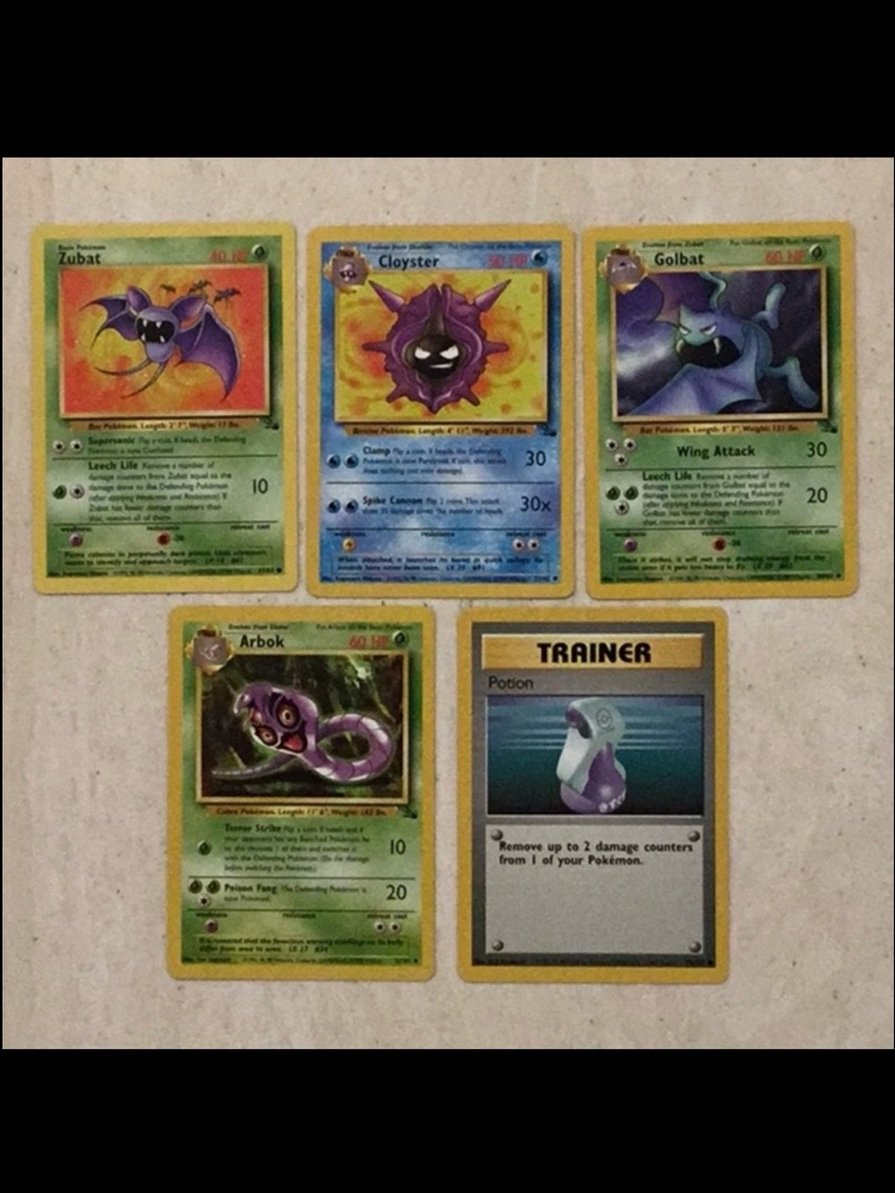 1999 Pokemon Cards Zubat Cloyster Golbat Arbok Potion Lot Of 5 Card Assorted